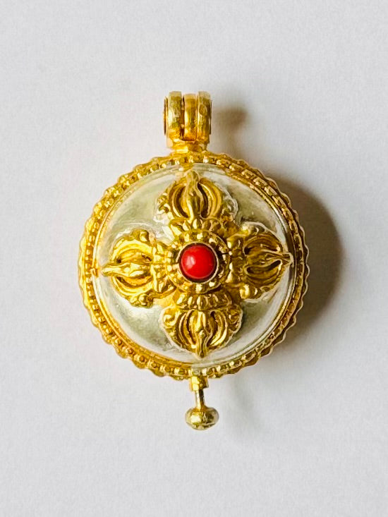 Gold and Silver Gau with Red jewel - Made in Nepal - Ships from US